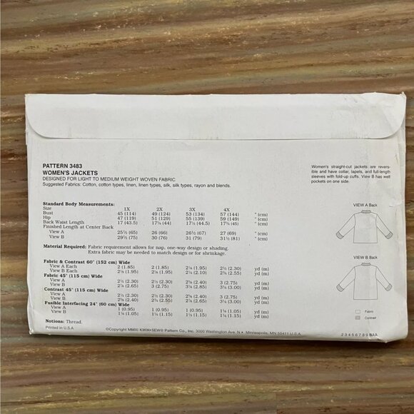 UNCUT Sewing Pattern Kwik Sew 3483 Reversible Straight-cut Jacket Womens 1X-4X - Picture 2 of 2